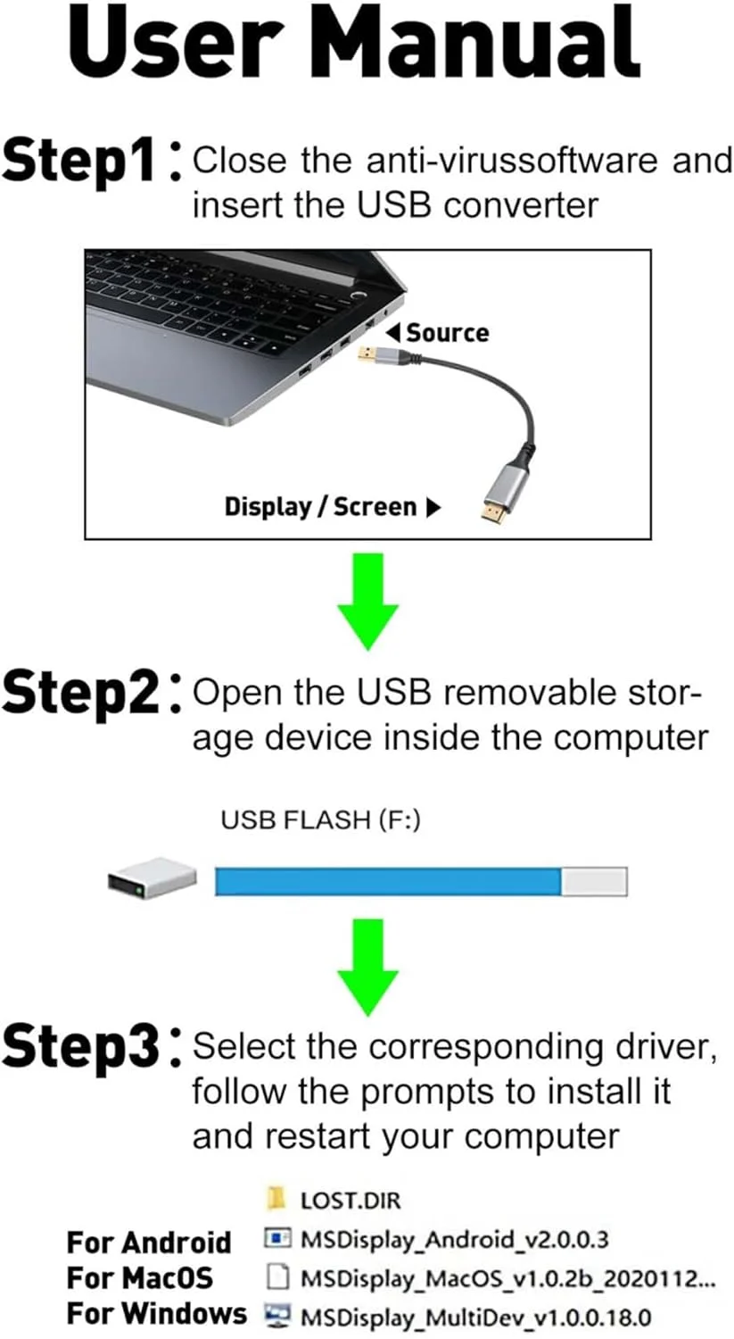 کابل تبدیل USB به HDMI طول 1.2 متر، کابل انعطاف پذیر یک طرفه USB-A 3.0 به HDMI صدا و تصویر HD، تراشه هوشمند، 2K/1080P واقعی با نرخ 60 هرتز، برای تلویزیون، پروژکتور، مانیتور، فقط پشتیبانی از ویندوز 11/10/8/8.1/7، سیستم عامل مک