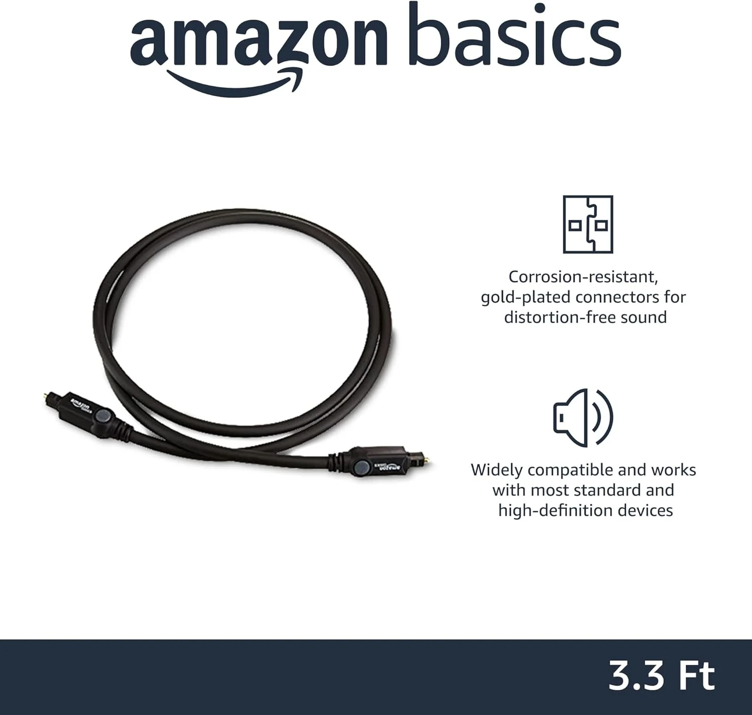 کابل صوتی اپتیکال دیجیتال Toslink آمازون بیسیکس، چند کاناله، برای سیستم صوتی، ساندبار، سینمای خانگی، اتصالات با روکش طلا، 1 متر، مشکی