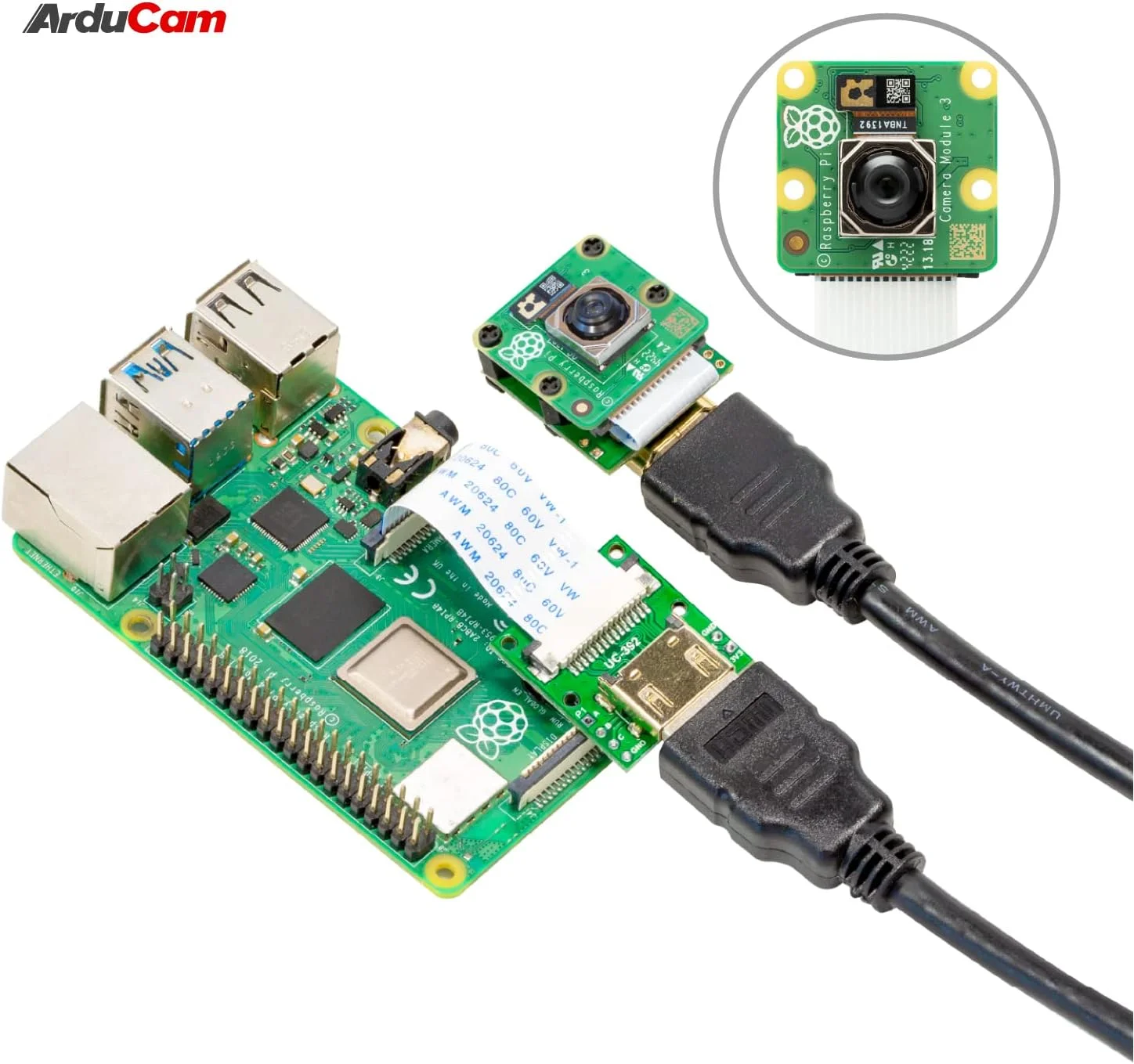 ماژول توسعه کابل CSI به HDMI آردوكم با کابل FPC 15 پین 60 میلی متری برای دوربین Raspberry Pi V3/V1/V2/HQ (بسته 2 عددی، 1 ست)