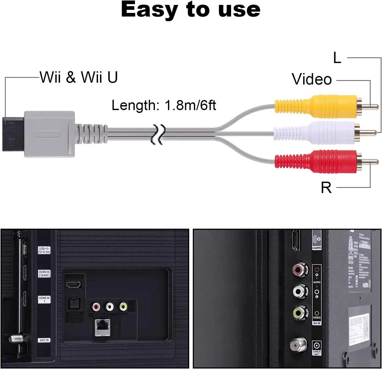 کابل AV آوکین برای Wii Wii U، کابل صوتی و تصویری AV برای نینتندو Wii و Wii U، 1.8 متر