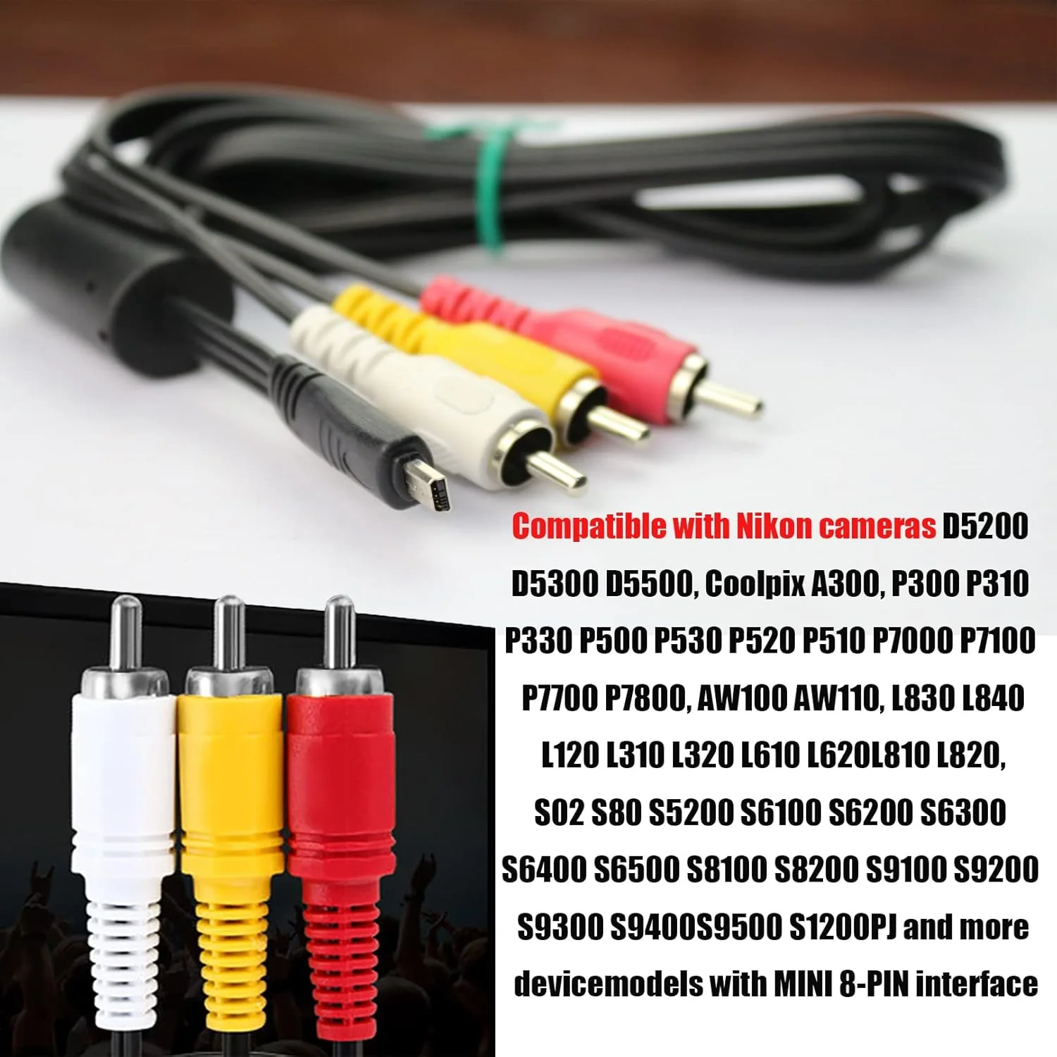 کابل AV جایگزین AXIYIBZI، کابل خروجی تلویزیون صوتی و تصویری مینی 8 پین به 3RCA برای مدل های EG-CP16 CoolPix AW100 AW110 L840 L830 L820 L810 S9100 S1200pj D3200 D3300 D5200 D5300 D3400 D3100 D5100 D5200