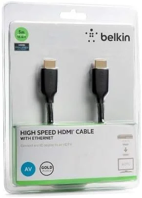 کابل HDMI 2.0 پرسرعت بلکین - 5 متر، برای راه حل های صوتی و تصویری خانگی و اداری، پشتیبانی از ویدئو 4K (3840 x 2160)، تلویزیون و مانیتورهای Ultra HD، اتصال آسان (نر نری) - مشکی