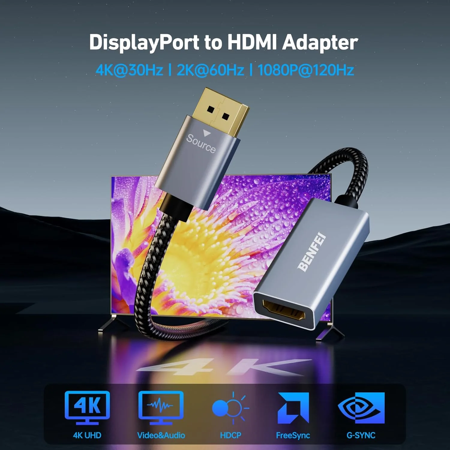 کابل تبدیل DisplayPort به HDMI بنفی 4K، (2K 60Hz، 1080p 120Hz) مبدل یک طرفه Display Port به مانیتور HDMI سازگار با HP، Dell، GPU، AMD، NVIDIA و غیره. نر به ماده