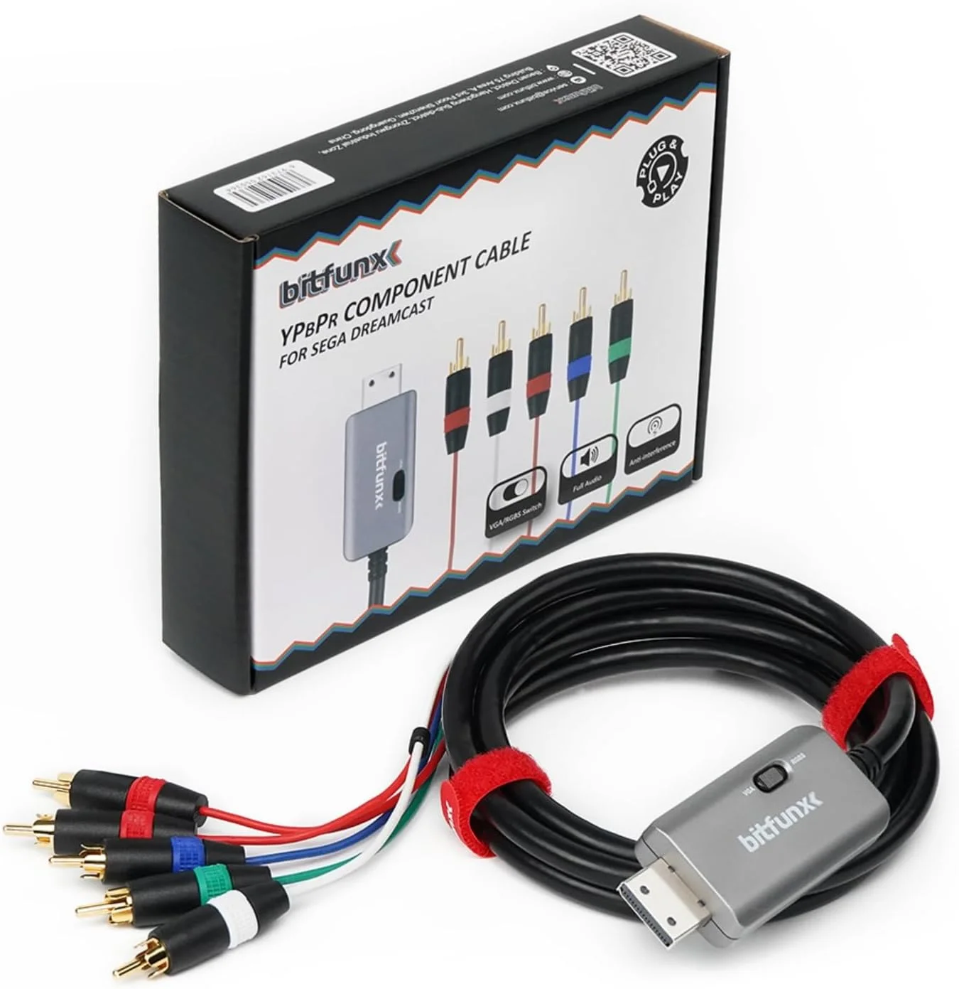 آداپتور کابل کامپوننت Dreamcast از BITFUNX - پشتیبانی از RGBS/VGA به ویدئو کامپوننت (3RCA) و کابل صدا (2RCA)، آداپتور بازی ویدیویی Plug & Play بدون تاخیر، برای کنسول SEGA Dreamcast (1.8 متر)