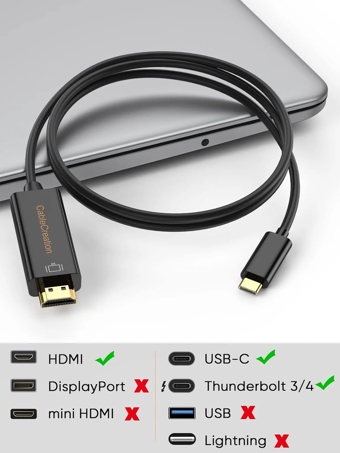 کابل USB C به HDMI کیبل کریشن 0.9 متری، آداپتور کابل USB Type C به HDMI 4K برای دفتر کار خانگی، برای MacBook Pro/Air 2022 2020، iPad Pro، Surface Pro 7، XPS 15، Galaxy S22 S20، مشکی
