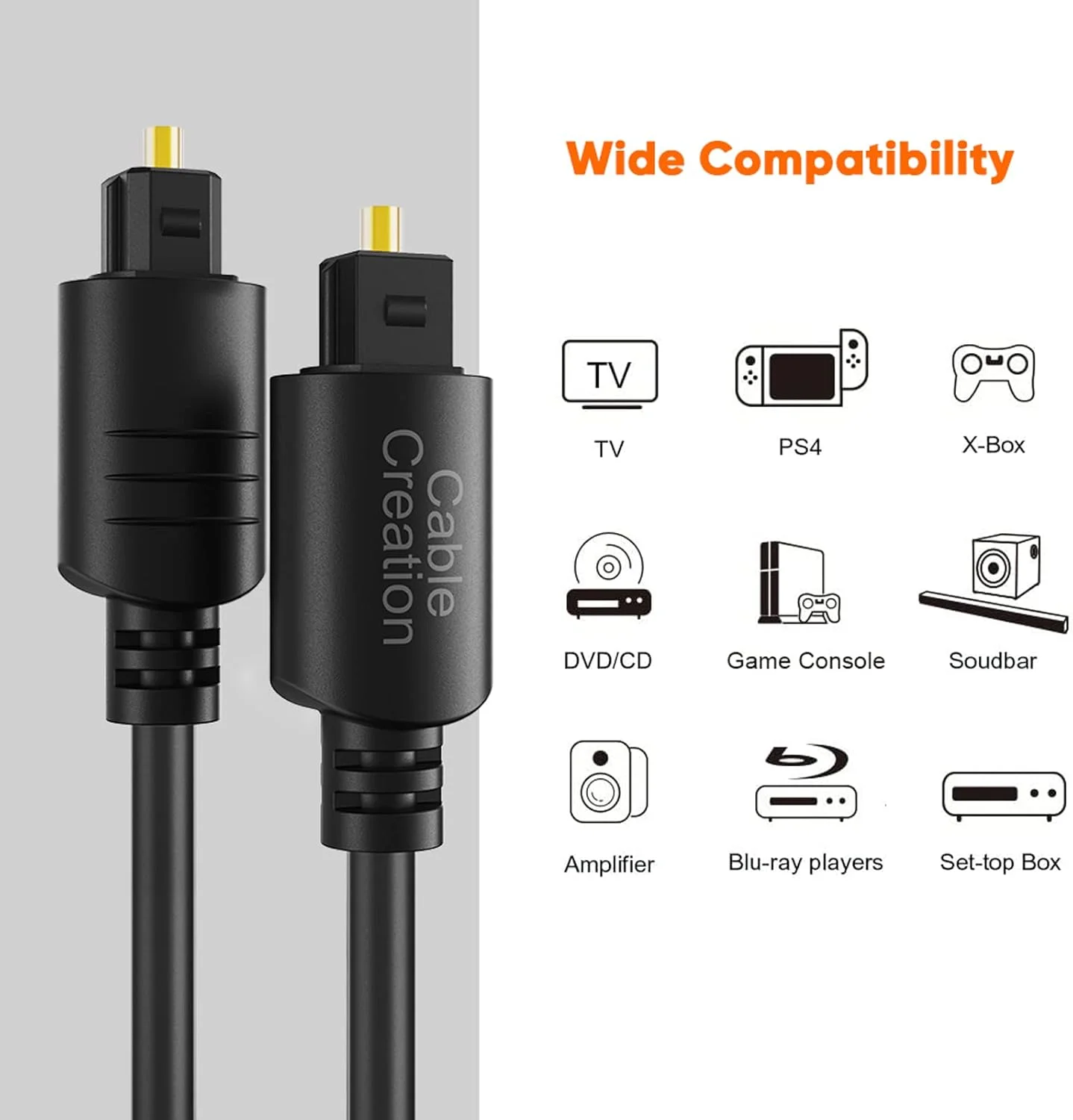 کابل فیبر نوری دیجیتال TosLink با روکش طلا CableCreation طول 90 سانتی متر مناسب برای سینمای خانگی، ساندبار، تلویزیون، PS4، Xbox، پخش کننده VD/CD، پخش کننده های Blu-ray، کنسول بازی و غیره، مشکی