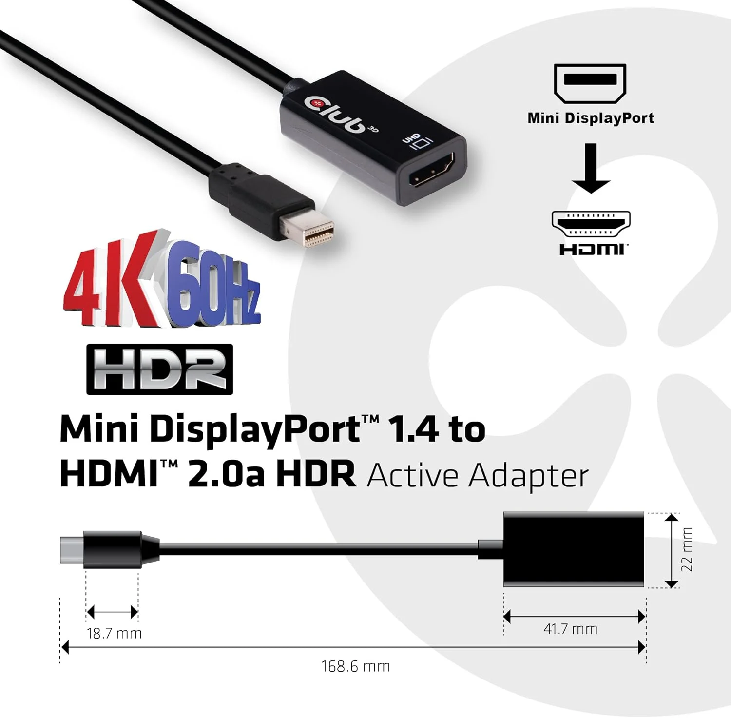 تبدیل مینی دیسپلی پورت 1.4 نر به HDMI 2.0A مادگی/نر 4K 60HZ HDR ساپورت، مشکی مدل CLUB3D CAC-1180