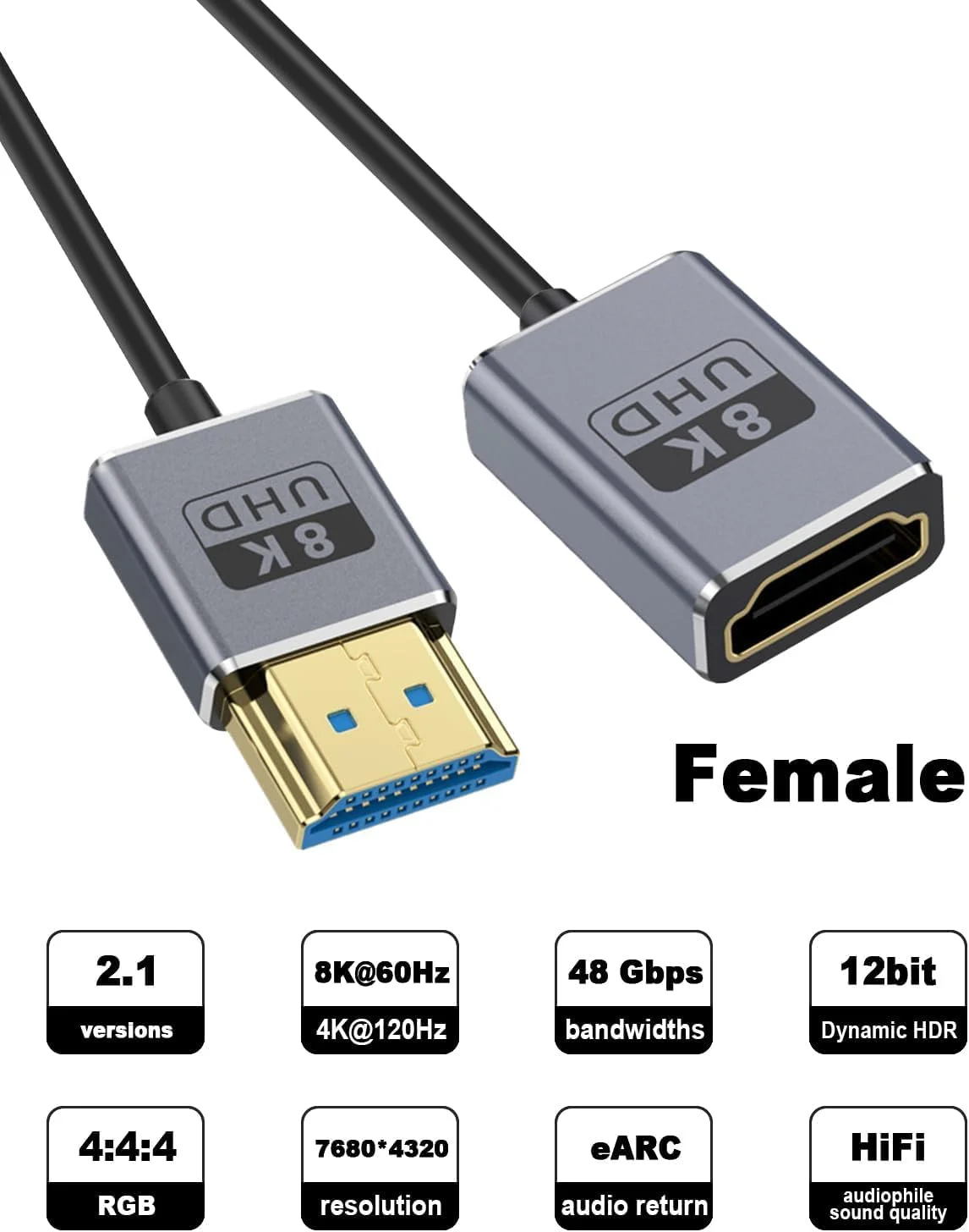 کابل افزایش طول HDMI کواکسیال 8K، کابل بسیار نازک HDMI نر به ماده 30 سانتی متری، کابل کوتاه HDMI سرعت فوق العاده بالا پهنای باند 48 گیگابیت بر ثانیه پشتیبانی از 8K@60Hz، 4K@240Hz برای GH5S، PS5، PC