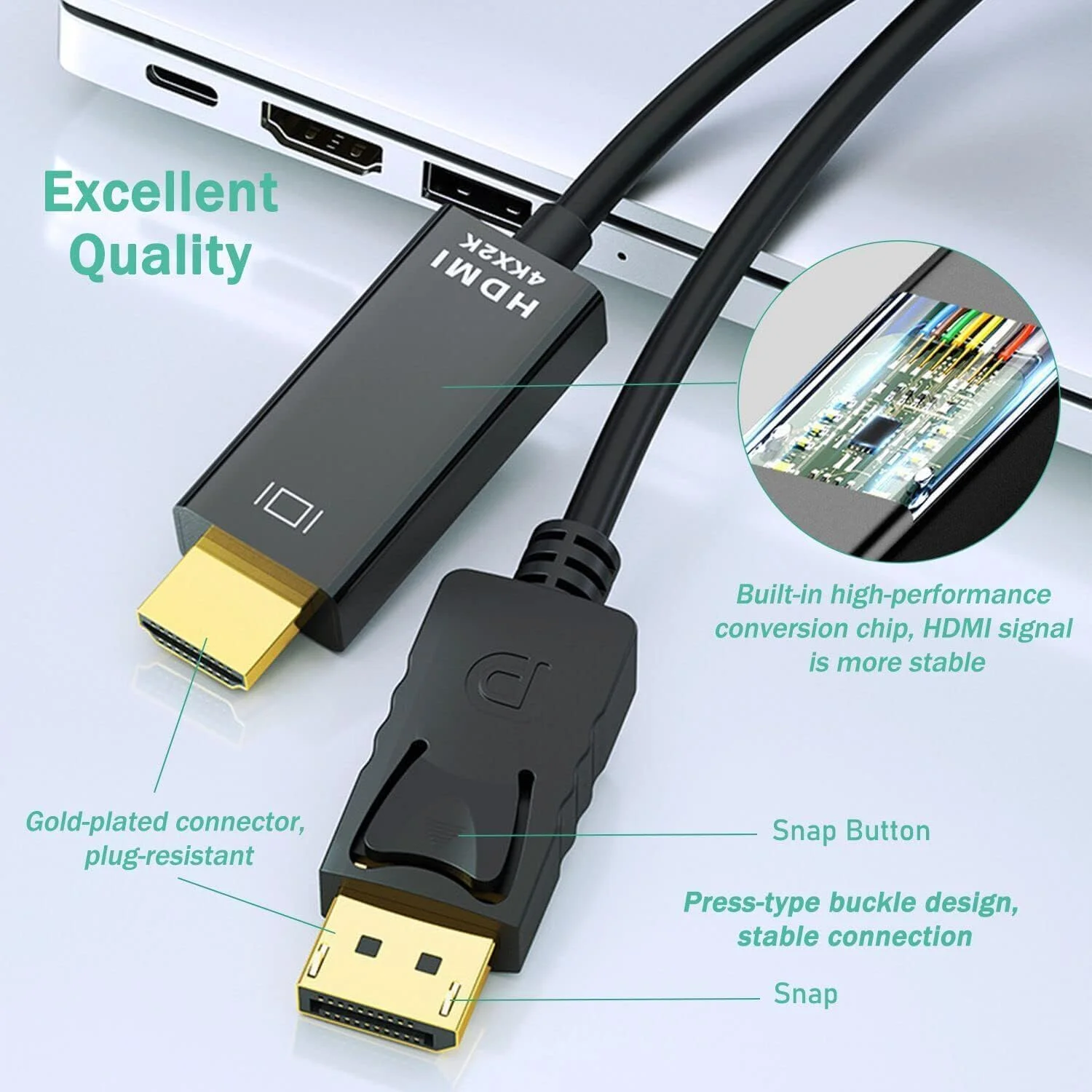 کابل تبدیل DisplayPort به HDMI، کابل DP به HDMI با کیفیت 4K@60Hz برای اتصال صدا و تصویر، مناسب برای پروژکتور، لپ تاپ، تلویزیون، مانیتور، 1.8 متری - مشکی
