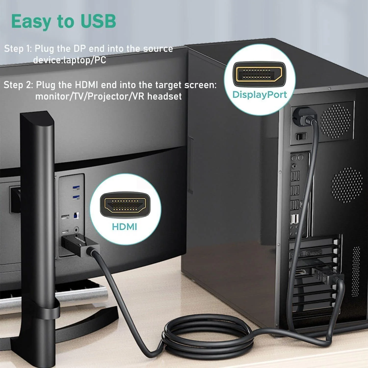 کابل تبدیل DisplayPort به HDMI، کابل DP به HDMI با کیفیت 4K@60Hz برای اتصال صدا و تصویر، مناسب برای پروژکتور، لپ تاپ، تلویزیون، مانیتور، 1.8 متری - مشکی