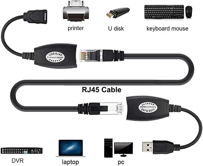 آداپتور افزایش طول USB به RJ45 LAN، کابل صدا و تصویر، از طریق کابل Cat5/Cat5e/Cat6 تا 45 متر