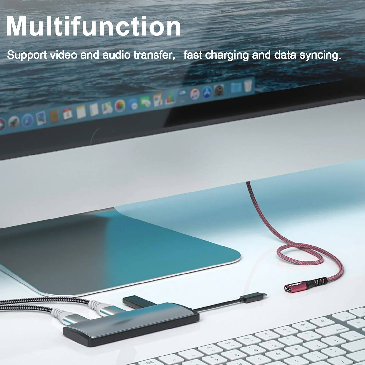 کابل افزایش طول USB C فاسگیر، 10 گیگابیت بر ثانیه، USB 3.1 نسل 2، نر به ماده، پشتیبانی از خروجی صدا و تصویر 4K، سازگار با پورت Thunderbolt 3، مک‌بوک پرو، دل XPS، سوییچ، هاب USB-C، PS VR2 (1.8 متر، قرمز)