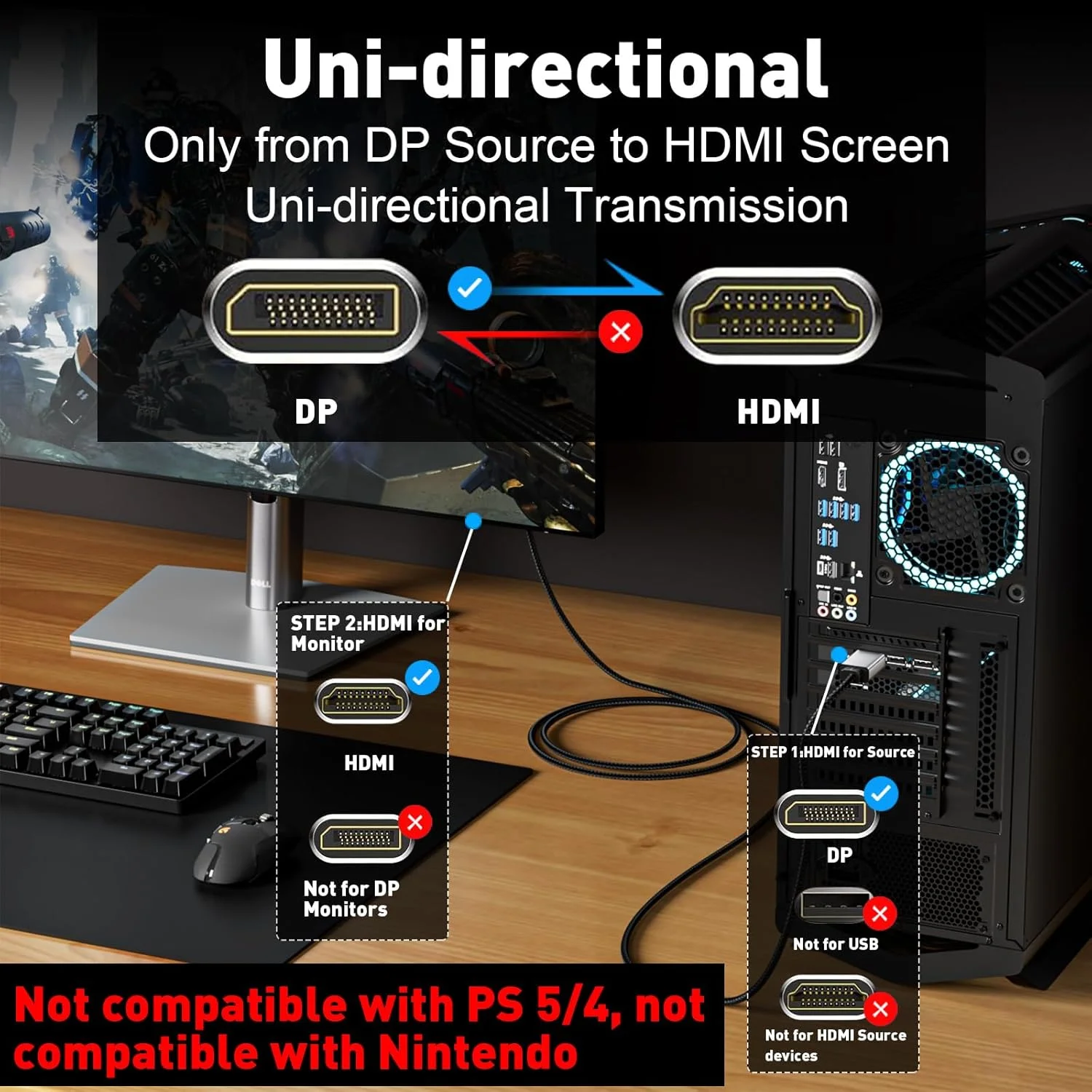 کابل DisplayPort به HDMI یوآنتین 4K، طول 1.8 متر، یک طرفه، DP 1.2 (منبع) به HDMI 1.4 (نمایشگر)، 4K@30Hz، 2K@60Hz، کابل بافته شده Display Port برای AMD، NVIDIA، Dell، مانیتور