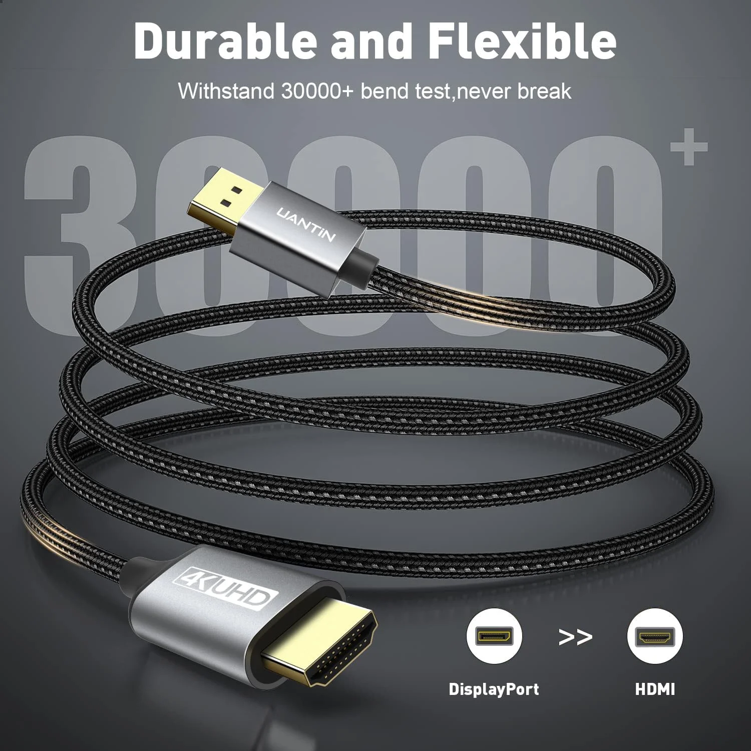 کابل DisplayPort به HDMI یوآنتین 4K، طول 1.8 متر، یک طرفه، DP 1.2 (منبع) به HDMI 1.4 (نمایشگر)، 4K@30Hz، 2K@60Hz، کابل بافته شده Display Port برای AMD، NVIDIA، Dell، مانیتور