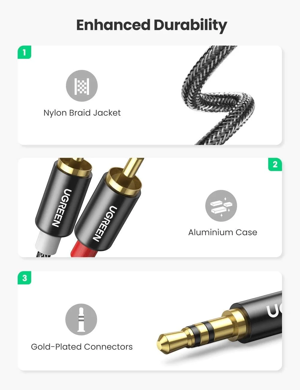 کابل صوتی UGREEN RCA به 3.5 میلیمتری 1 متری، 2 RCA نر به جک استریو 3.5 میلیمتری (1/8 اینچ) کابل کمکی بافته شده نایلونی Y برای کنترلر DJ، دالبی دیجیتال، DTS، بلندگو، کانکتور با روکش طلا، مشکی کابل صوتی UGREEN RCA به 3.5 میلیمتری 1 متری، 2 RCA نر به جک استریو 3.5 میلیمتری (1/8 اینچ) کابل کمکی بافته شده نایلونی Y برای کنترلر DJ، دالبی دیجیتال، DTS، بلندگو، کانکتور با روکش طلا، مشکی