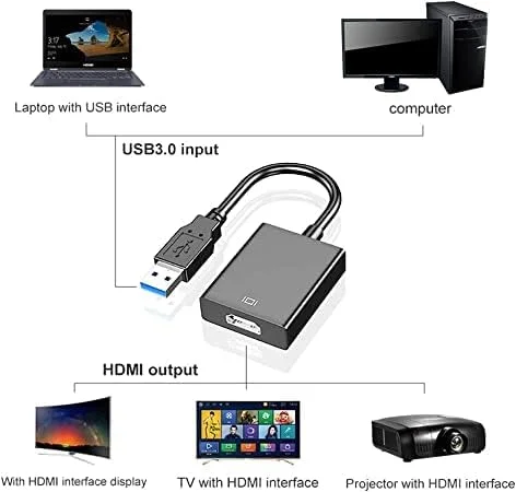 تبدیل USB به HDMI، تبدیل کننده کابل گرافیک ویدیویی USB 3.0/2.0 به HDMI 1080P با صدا برای کامپیوتر، لپ تاپ، پروژکتور، HDTV سازگار با Windows XP 7/8/8.1/10 (سیستم عامل Mac پشتیبانی نمی شود)
