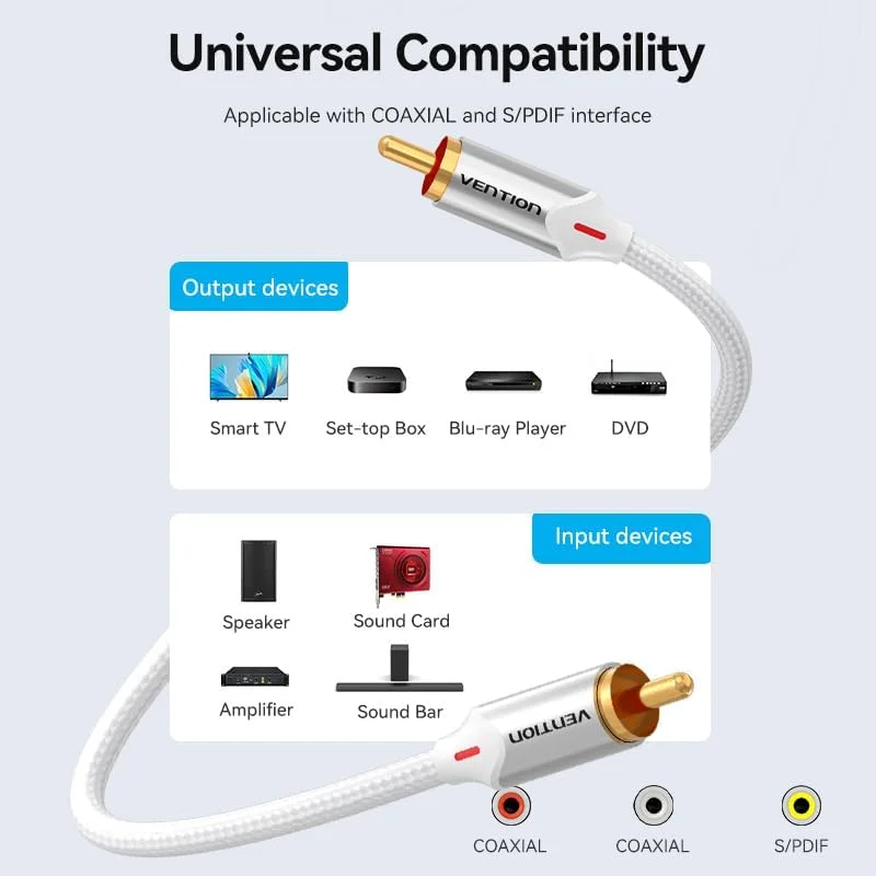کابل صوتی RCA نر به نر VENTION با روکش بافته شده پنبه ای، 1 متر، کانکتورهای روکش طلا، پوسته آلیاژ آلومینیوم، صدای استریو Hi-Fi، انتقال بدون نویز برای سینمای خانگی، آمپلی فایرها، بلندگوها، گرامافون