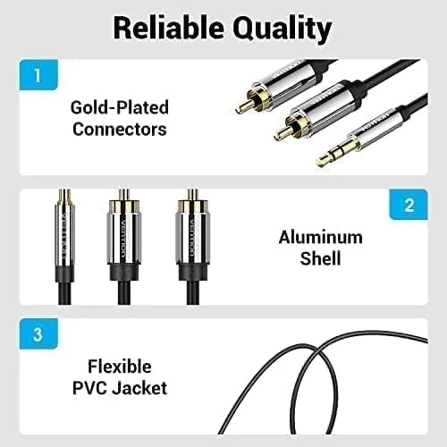 کابل صوتی RCA ونشن، کابل استریو Y-Splitter 3.5 میلی‌متری به 2RCA، 2 فیش نری RCA فونو سازگار با کنترلر DJ، بلندگو، تلویزیون، استریو ماشین، آمپلی‌فایر Hi-Fi، تلفن‌های هوشمند، MP3 و تبلت‌ها (کابل صوتی RCA، 0.5 متری)