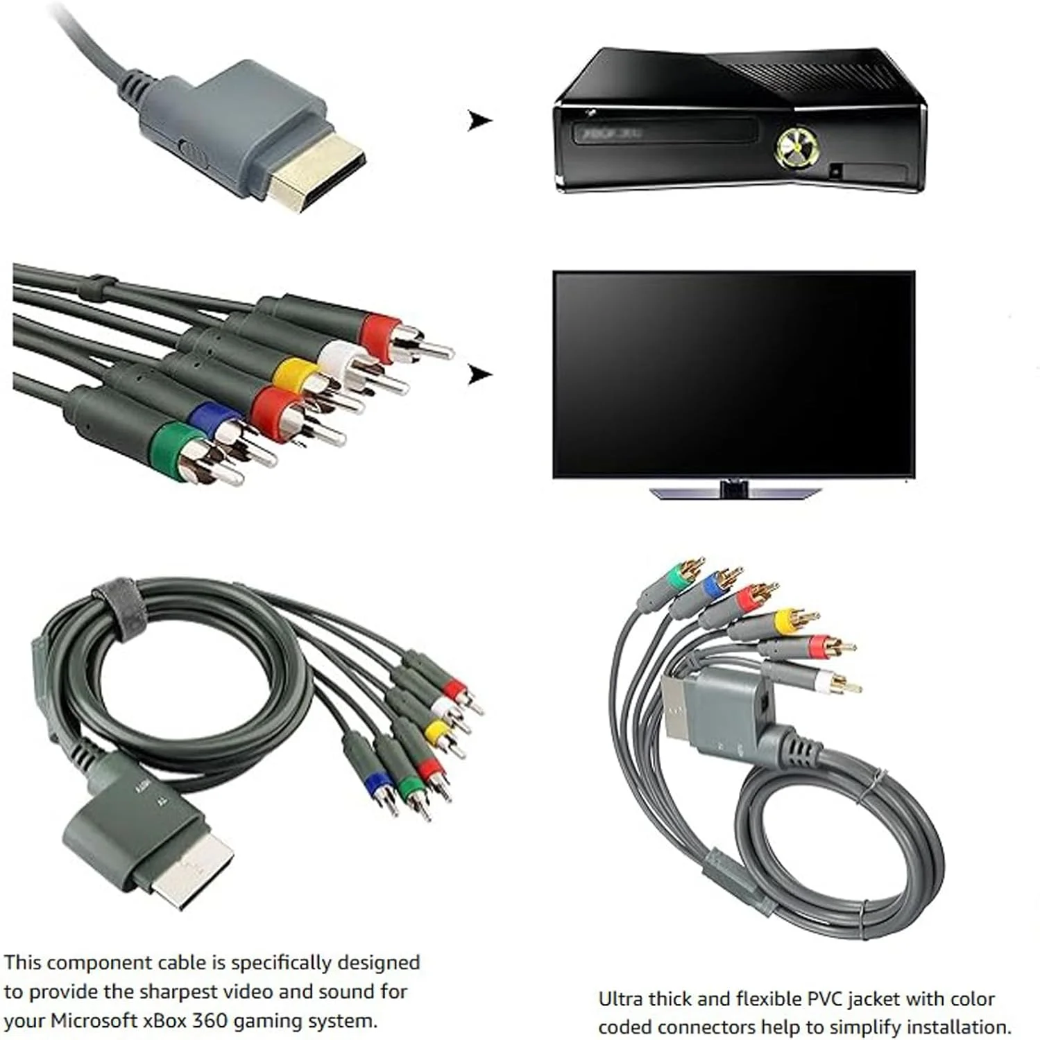 کابل کامپوننت HDTV و RCA استریو AV به طول 1.8 متر سازگار با Microsoft Xbox 360 و Xbox 360 Slim، خروجی ویدیویی YPbPr کیفیت سیگنال را برای بازی، مانیتور HDTV و پروژکتور افزایش می دهد