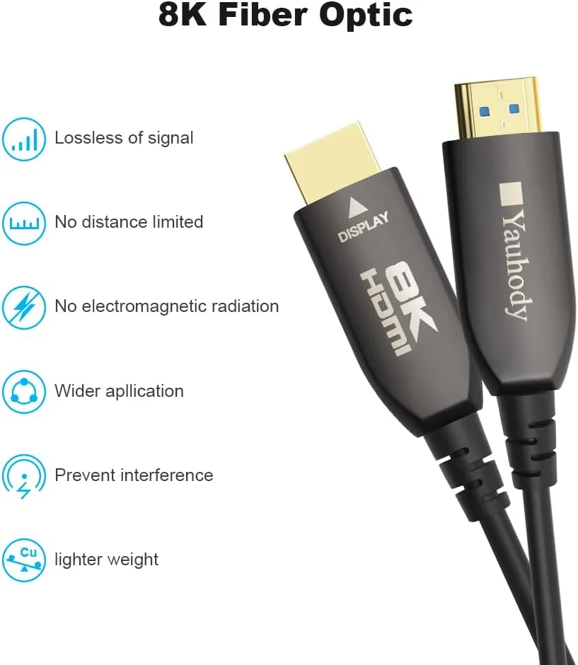 کابل فیبر نوری HDMI 8K واقعی Yauhody، طول 15 متر، دارای رتبه CL3، سرعت فوق العاده بالا 48 گیگابیت بر ثانیه HDMI 2.1 روی فیبر، پشتیبانی از 10K، 8K@60Hz، 4K@144Hz/120Hz/60Hz، HDCP 2.2 & 2.3، eARC، Dynamic HDR 10، 3D (15 متر)