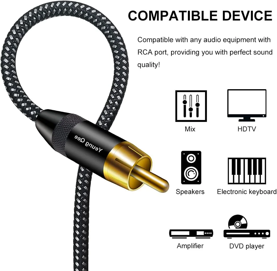 کابل کواکسیال صوتی دیجیتال RCA یانگ کی، 3 متر، کابل صوتی استریو دیجیتال SPDIF RCA نر به نر بافته شده برای سینمای خانگی، تلویزیون های HD، ساب ووفر، سیستم های Hi-Fi