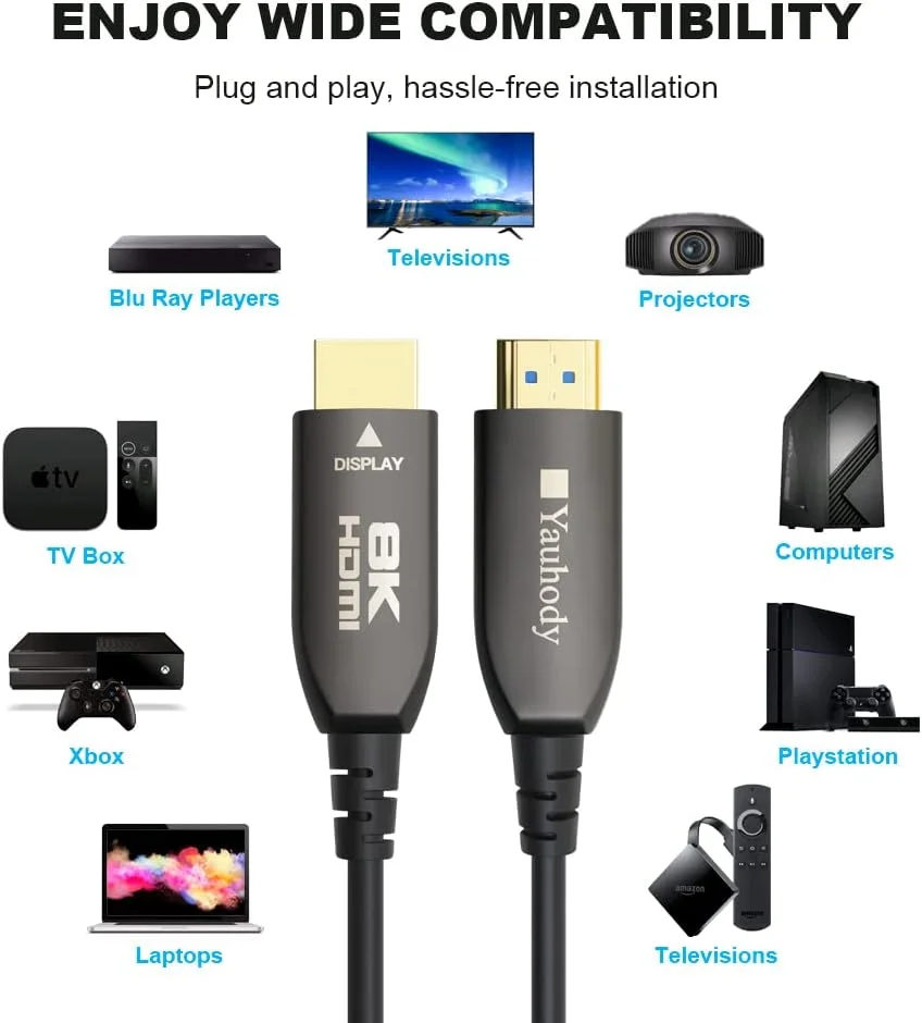 کابل فیبر نوری HDMI 8K واقعی Yauhody، طول 15 متر، دارای رتبه CL3، سرعت فوق العاده بالا 48 گیگابیت بر ثانیه HDMI 2.1 روی فیبر، پشتیبانی از 10K، 8K@60Hz، 4K@144Hz/120Hz/60Hz، HDCP 2.2 & 2.3، eARC، Dynamic HDR 10، 3D (15 متر)