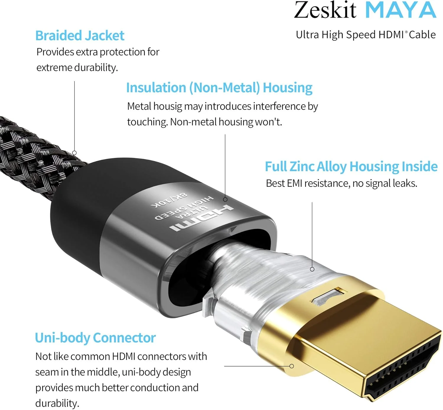 کابل HDMI 2.1 Zeskit Maya با طول 1.5 متر، 8K، 4K120Hz و سرعت 48Gbps برای eARC، ساندبار، اترنت و گیمینگ 144Hz، دارای گواهینامه سرعت فوق العاده بالا، HDR، VRR و HDCP 2.2 2.3، سازگار با Dolby Vision Atmos، Apple TV، Xbox Series X و PS5