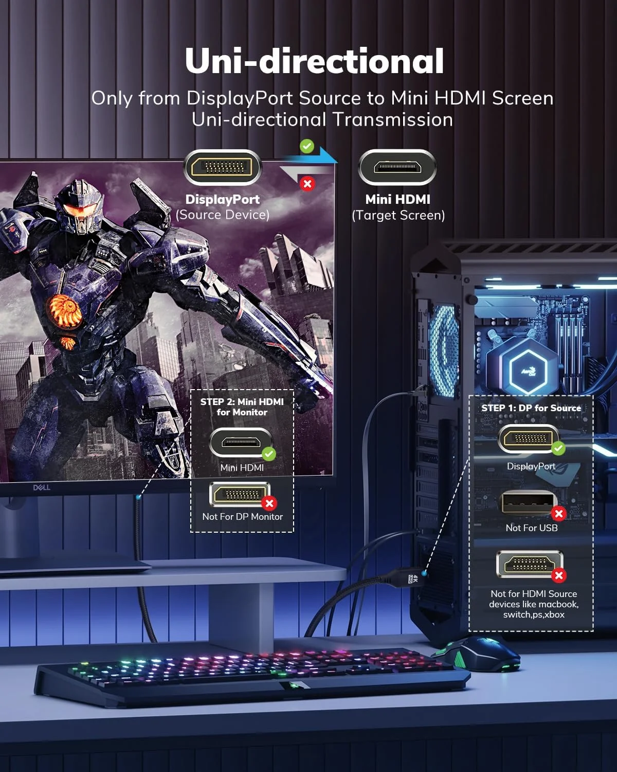 کابل DisplayPort به Mini HDMI با کیفیت 4K طول 1.5 متر، کابل یک طرفه DP به Mini HDMI Male Video UHD 1440P/2K@120Hz,4K@30 با روکش نایلونی مناسب برای Dell، کامپیوتر، AMD، NVIDIA، Lenovo، HP، ThinkPad