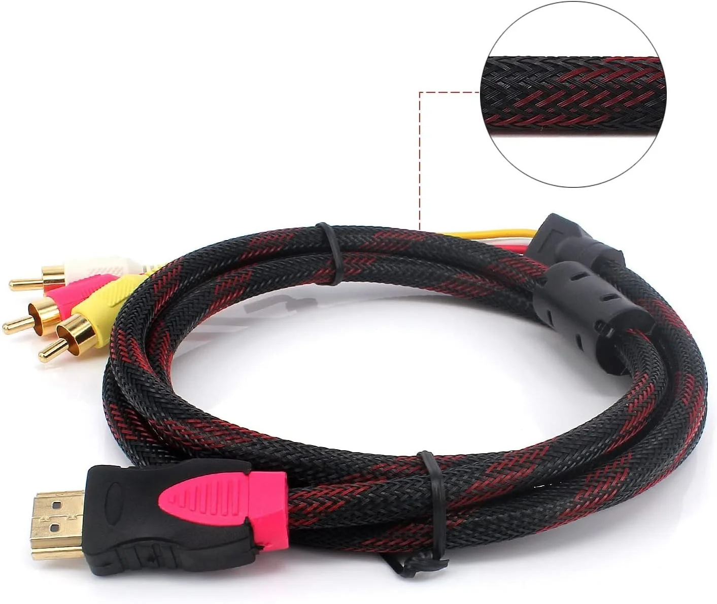کابل تبدیل HDMI به RCA ان تک، با روکش الیاف نایلونی، کابل آداپتور مبدل کامپوننت AV صوتی و تصویری 3RCA نر به نر (1.5 متر)