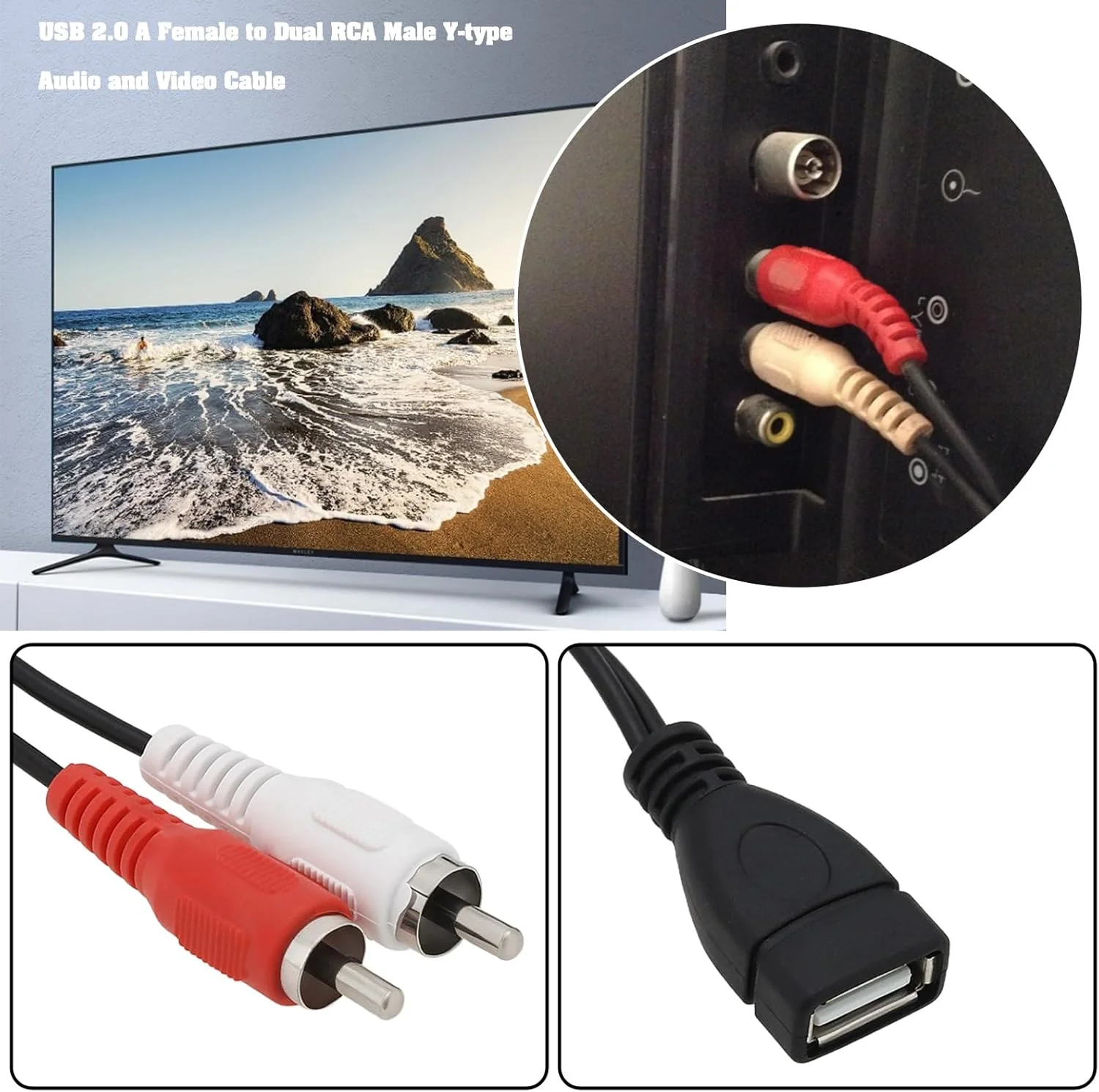 کابل تبدیل USB ماده به دو فیش RCA نر، آداپتور صوتی و تصویری AV کامپوزیت برای تلویزیون، کامپیوتر، DVD، طول 20 سانتی متر (2 عدد)