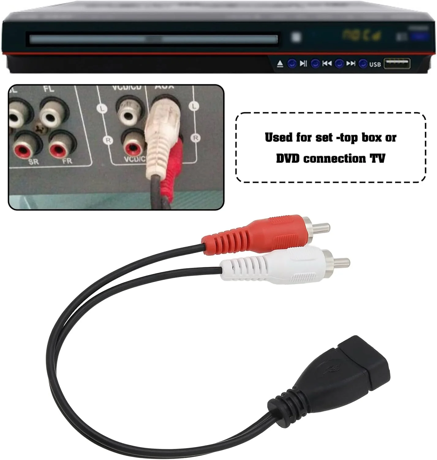 کابل تبدیل USB ماده به دو فیش RCA نر، آداپتور صوتی و تصویری AV کامپوزیت برای تلویزیون، کامپیوتر، DVD، طول 20 سانتی متر (2 عدد)