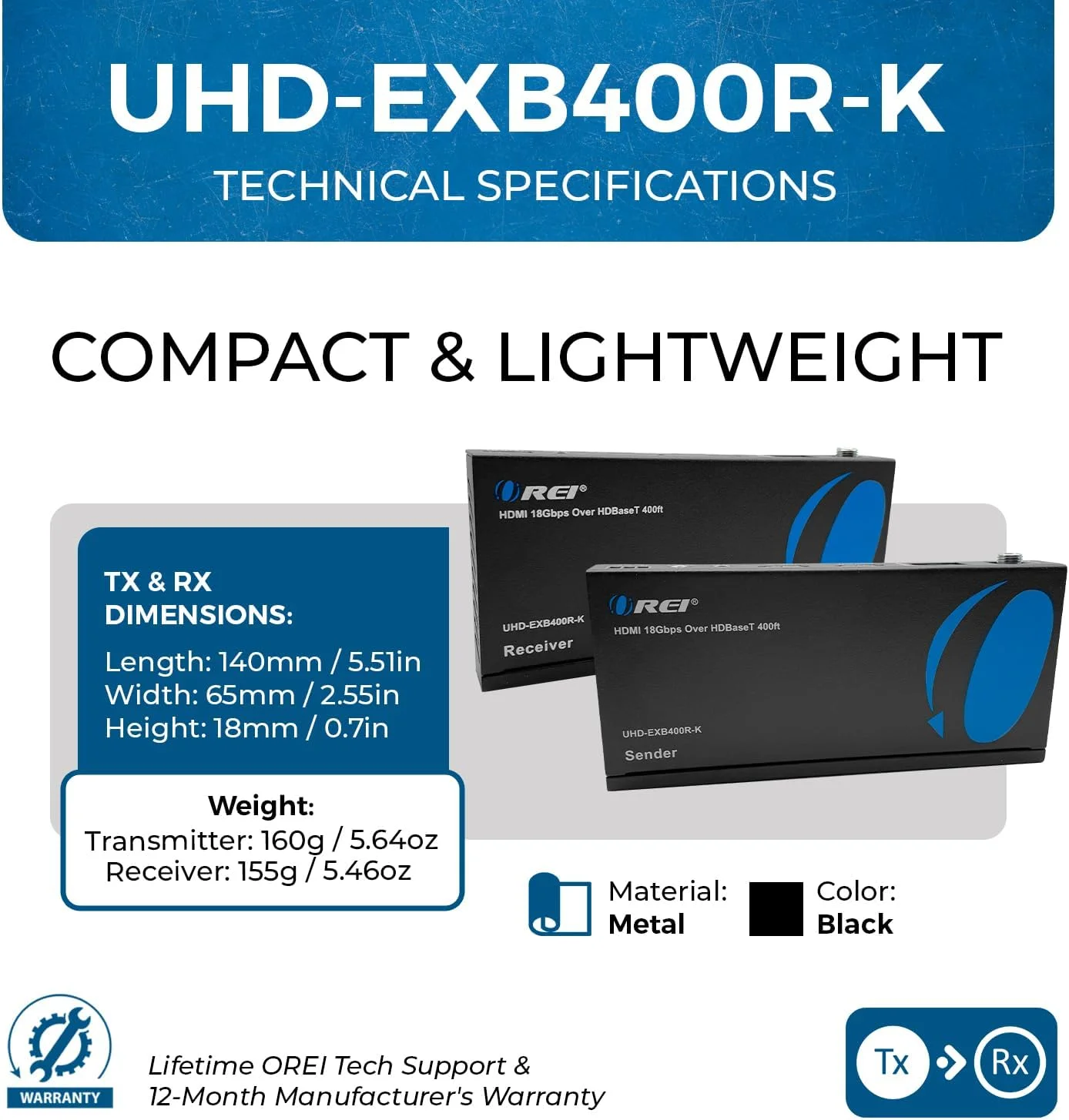 اکستندر HDMI 4K از طریق اترنت OREI - HDBaseT UltraHD 4K @ 60Hz 4:4:4 با کابل CAT5e/6/7 با HDR، CEC و کنترل IR، RS-232 تا 120 متر خروجی حلقه POC خروجی صدا (UHD-EXB400R-K) اکستندر HDMI 4K از طریق اترنت OREI - HDBaseT UltraHD 4K @ 60Hz 4:4:4 با کابل CAT5e/6/7 با HDR، CEC و کنترل IR، RS-232 تا 120 متر خروجی حلقه POC خروجی صدا (UHD-EXB400R-K)