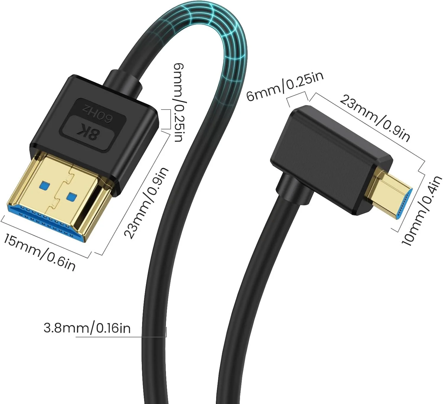 کابل میکرو HDMI به HDMI فوق العاده نازک 8K پوییکات 30 سانتی متری، کابل HDMI به میکرو HDMI کوتاه 48 گیگابیت بر ثانیه، سیلیکونی نرم و باریک با زاویه 90 درجه چپ، کابل میکرو HDMI 2.1 برای دوربین، فیلمبرداری، تبلت