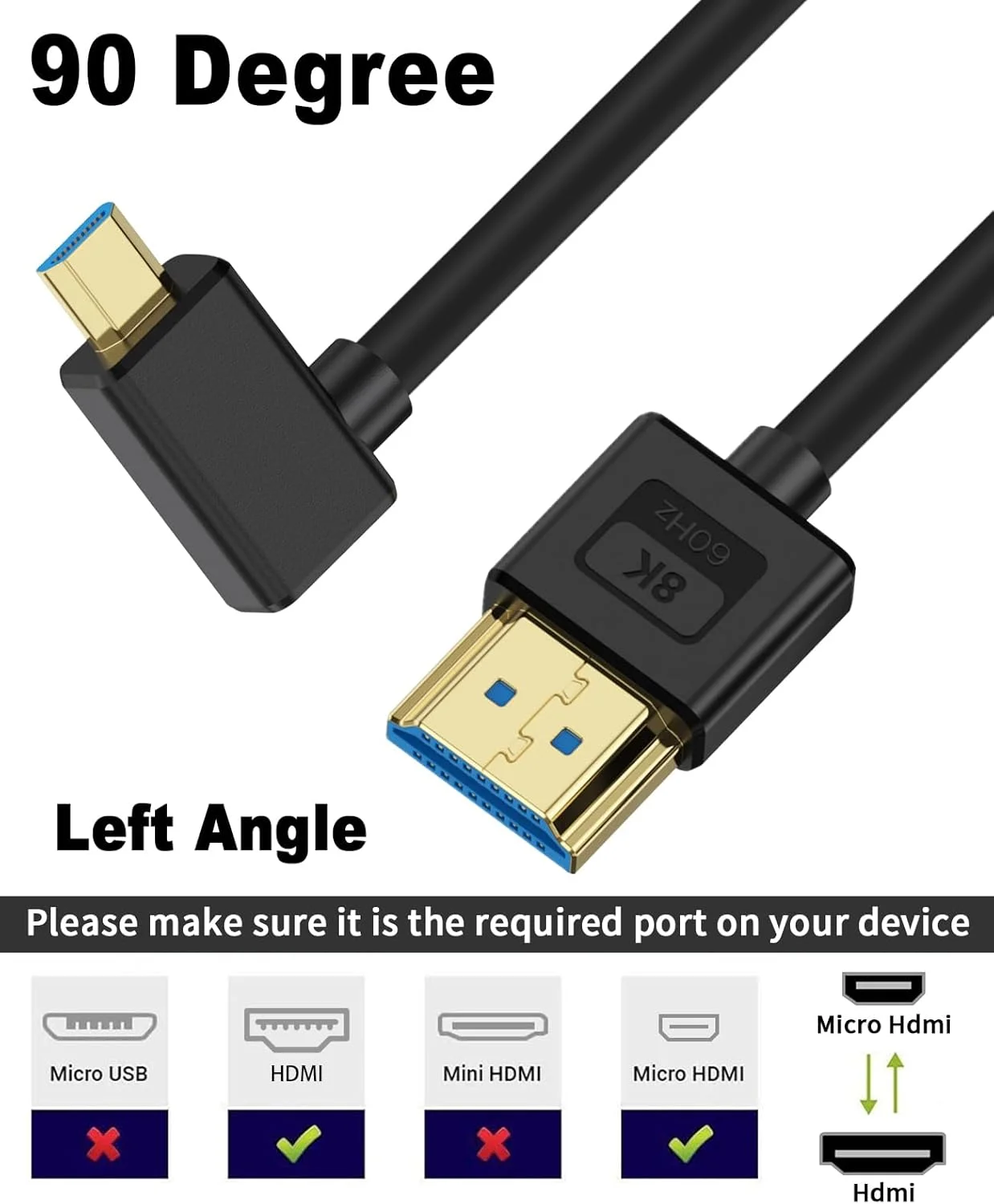 کابل میکرو HDMI به HDMI فوق العاده نازک 8K پوییکات 30 سانتی متری، کابل HDMI به میکرو HDMI کوتاه 48 گیگابیت بر ثانیه، سیلیکونی نرم و باریک با زاویه 90 درجه چپ، کابل میکرو HDMI 2.1 برای دوربین، فیلمبرداری، تبلت