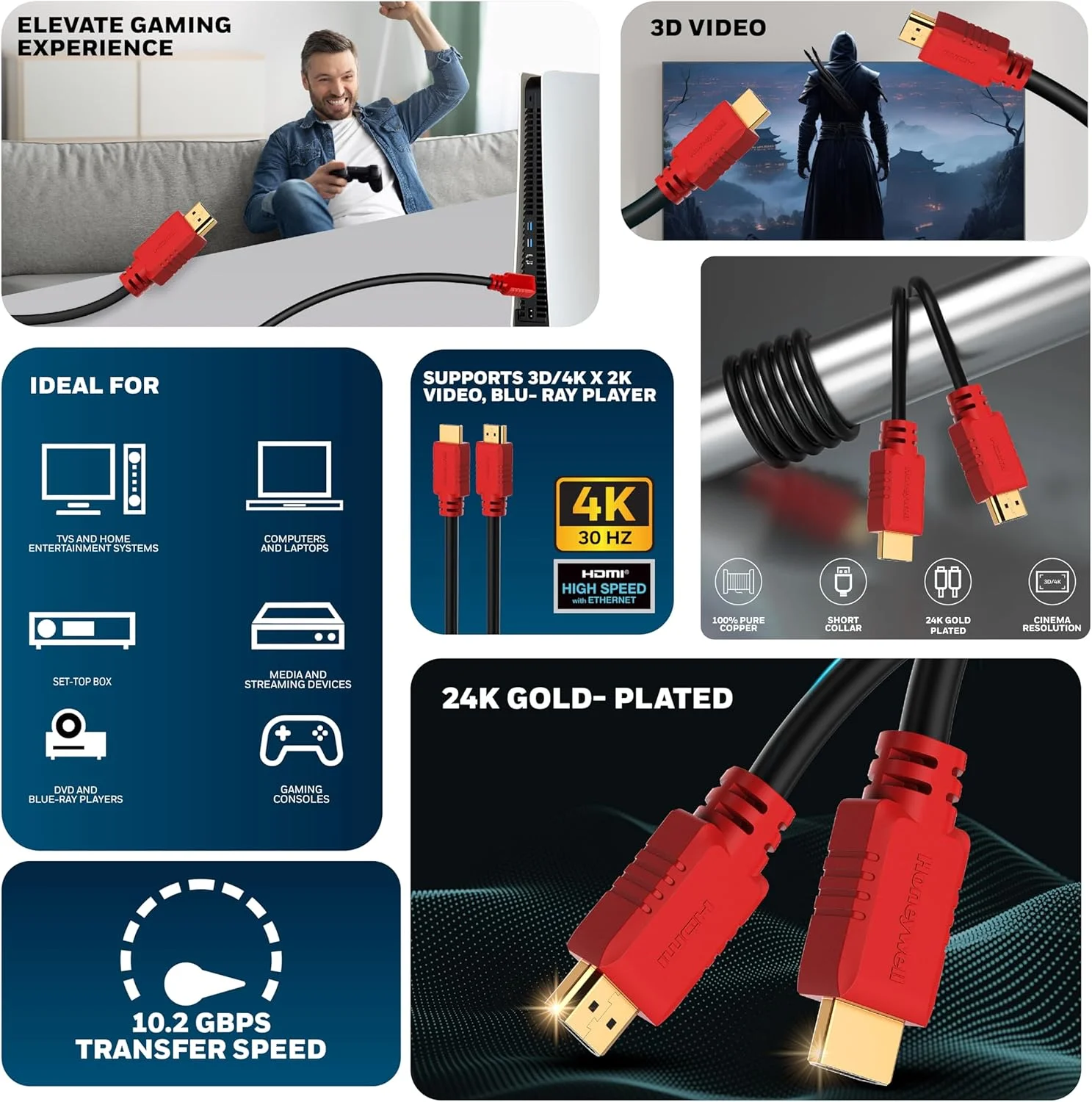 کابل HDMI هانیول v1.4 با اترنت، رزولوشن 3D/4Kx2K Ultra HD، طول 3 متر، سرعت انتقال 10.2 گیگابیت بر ثانیه، سازگار با تمام دستگاه های HDMI لپ تاپ، کامپیوتر، تلویزیون، ست تاپ باکس، کنسول بازی - مشکی