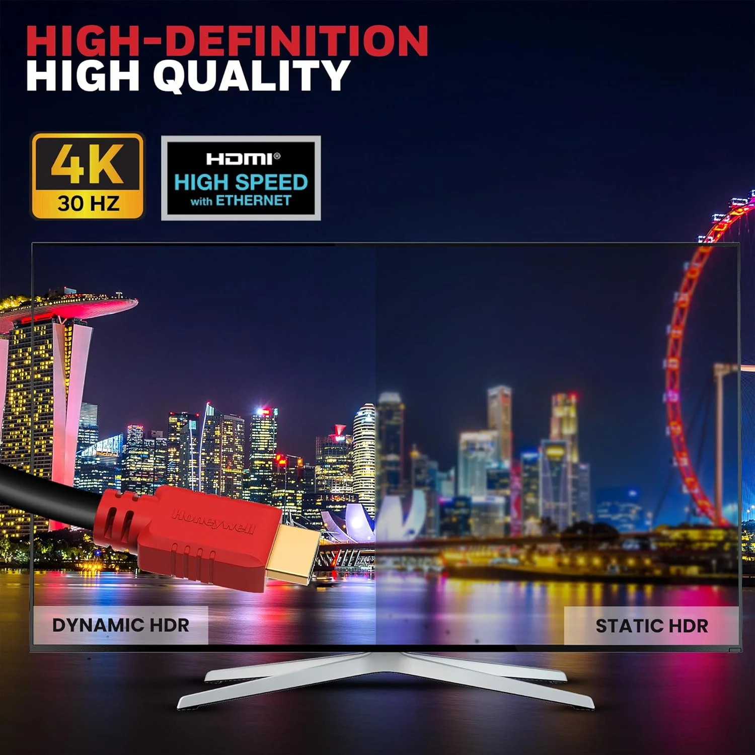 کابل HDMI هانیول v1.4 با اترنت، رزولوشن 3D/4Kx2K Ultra HD، طول 3 متر، سرعت انتقال 10.2 گیگابیت بر ثانیه، سازگار با تمام دستگاه های HDMI لپ تاپ، کامپیوتر، تلویزیون، ست تاپ باکس، کنسول بازی - مشکی