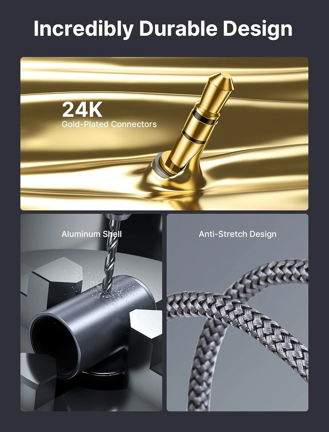 کابل RCA به 3.5 میلی‌متری JSAUX طول 2 متر، تبدیل کننده جک هدفون نر به نر Aux به RCA با روکش نایلونی بافته شده 1/8 برای تلفن‌های هوشمند، MP3، تبلت‌ها، بلندگوها، تلویزیون‌های HD - خاکستری