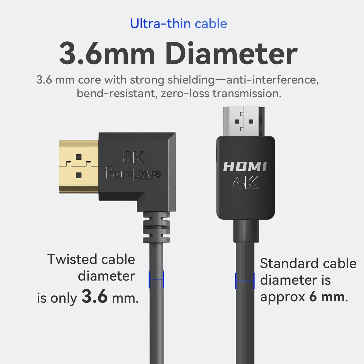 کابل HDMI 8K پورتکیز با هسته مسی، قطر 3.6 میلی‌متر، 48 گیگابیت بر ثانیه، پین کامل HDMI 2.1 با پشتیبانی از 8K@60Hz، 4K@240Hz UHD، HDMI A به A برای دوربین، HDTV، پروژکتور، کامپیوتر، Roku، Xbox، PS5، Apple TV (0.3M)