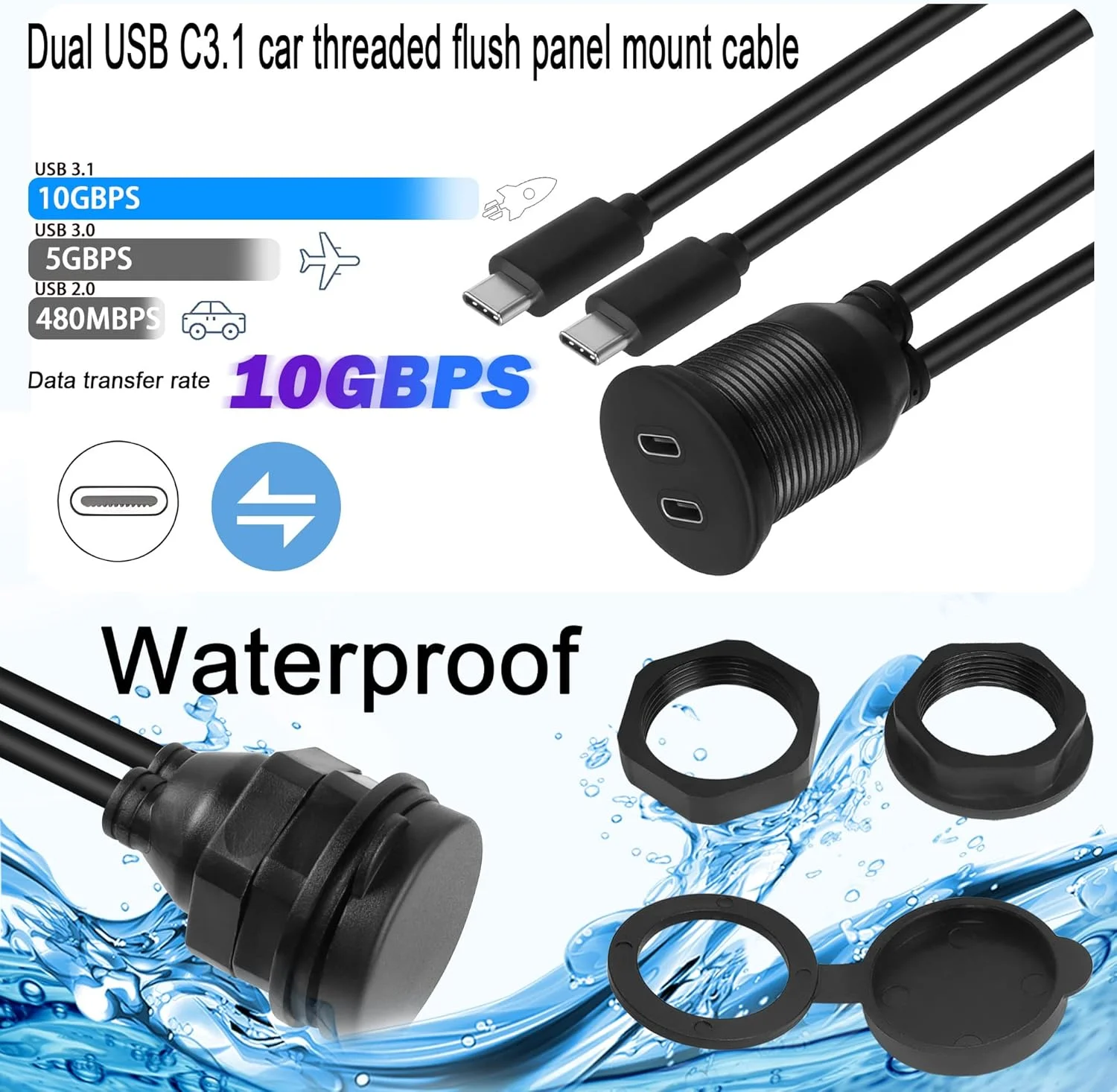 کابل ضدآب دوگانه USB C با نصب فلاش رزوه ای QIANRENON، کابل توسعه پنل نری به مادگی USB C 3.1 با سرعت 10 گیگابیت بر ثانیه، پشتیبانی از انتقال صدا و تصویر 4K@60HZ، طول 1 متر