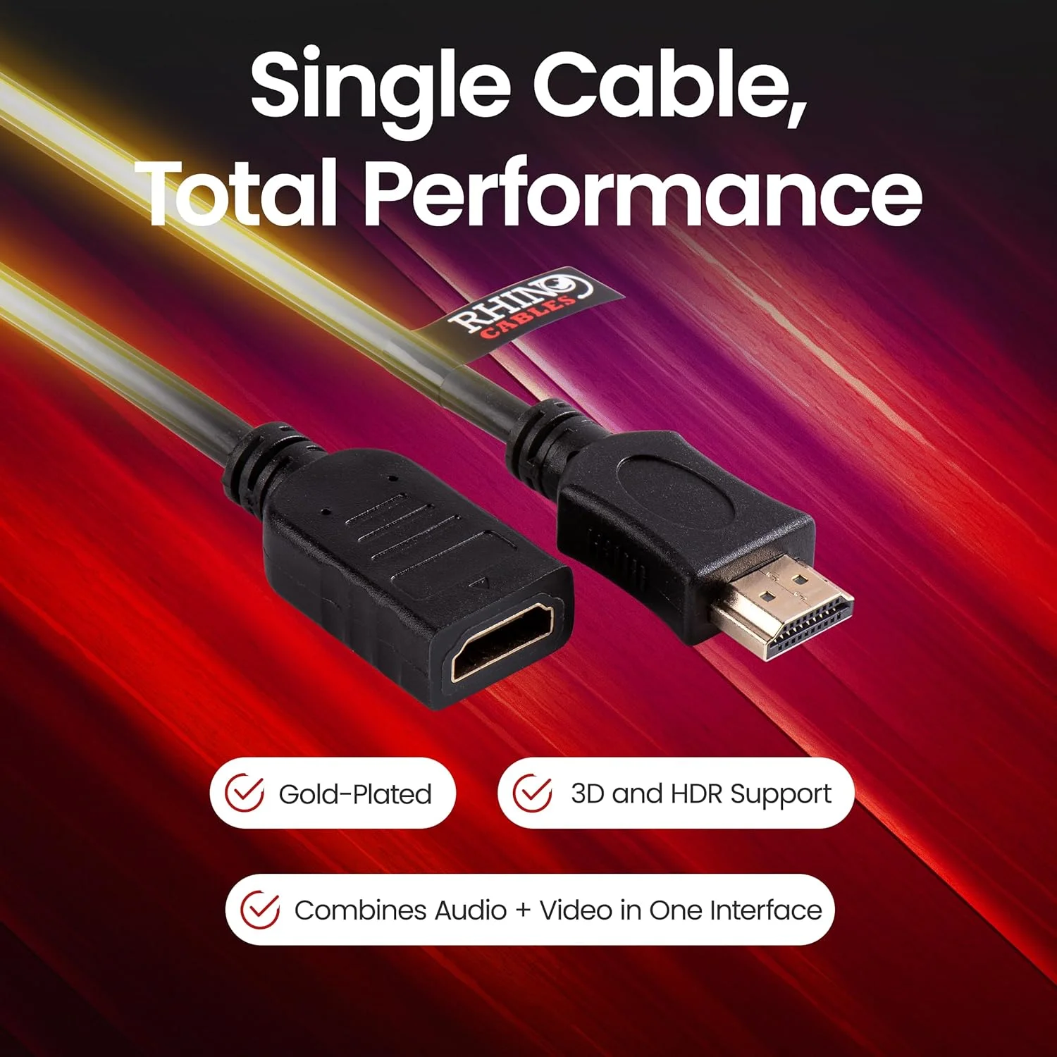 کابل افزایش طول استریو جک 3.5 میلی متری طلایی rhinocables | کابل نر به ماده | سازگار با تبلت ها، تلفن ها و هدفون ها | اتصال صوتی ایمن | 10 متر، مشکی