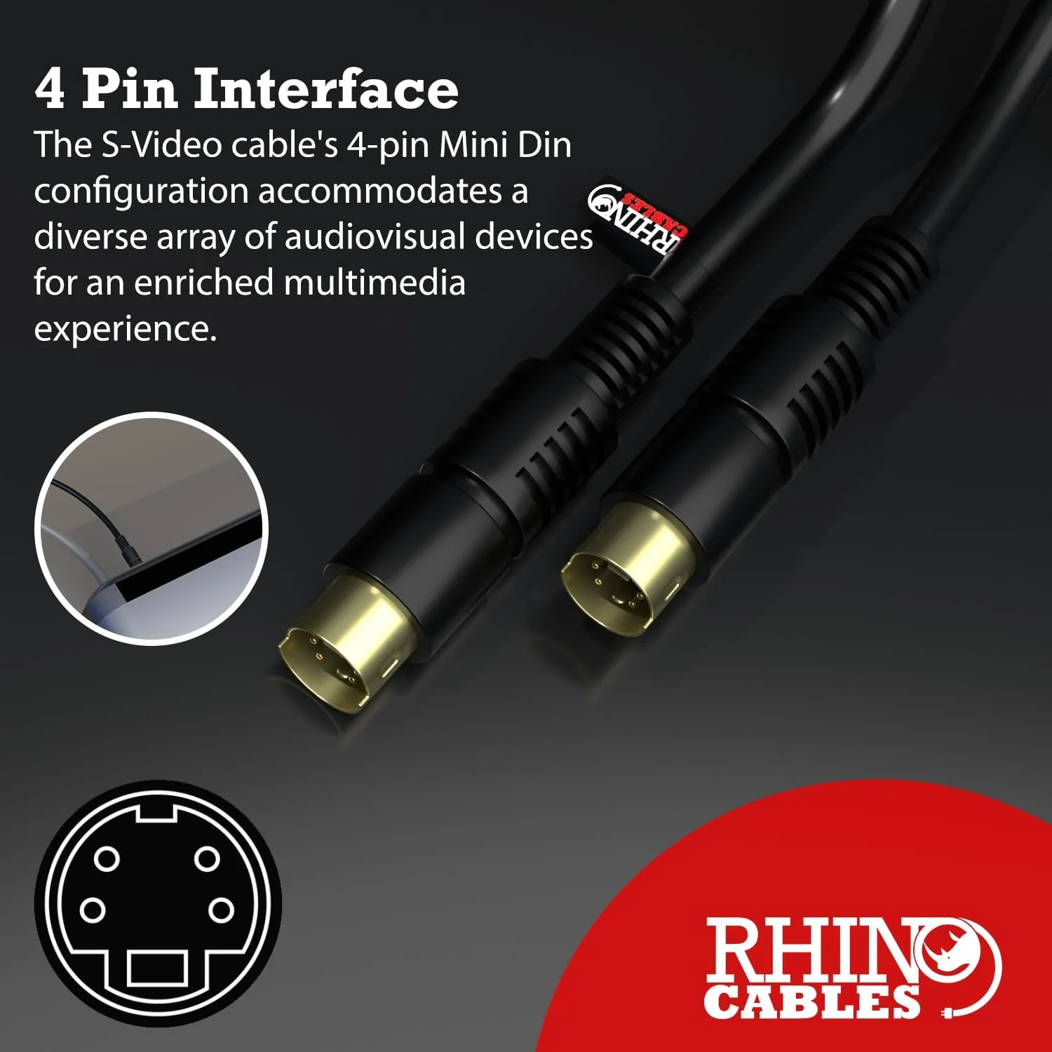 کابل S-Video نر به نر rhinocables، کابل S Video SVHS، کابل Super Video TV، دوربین فیلمبرداری، گرافیک 4 پین مینی Din با روکش طلا (7.5 متر)