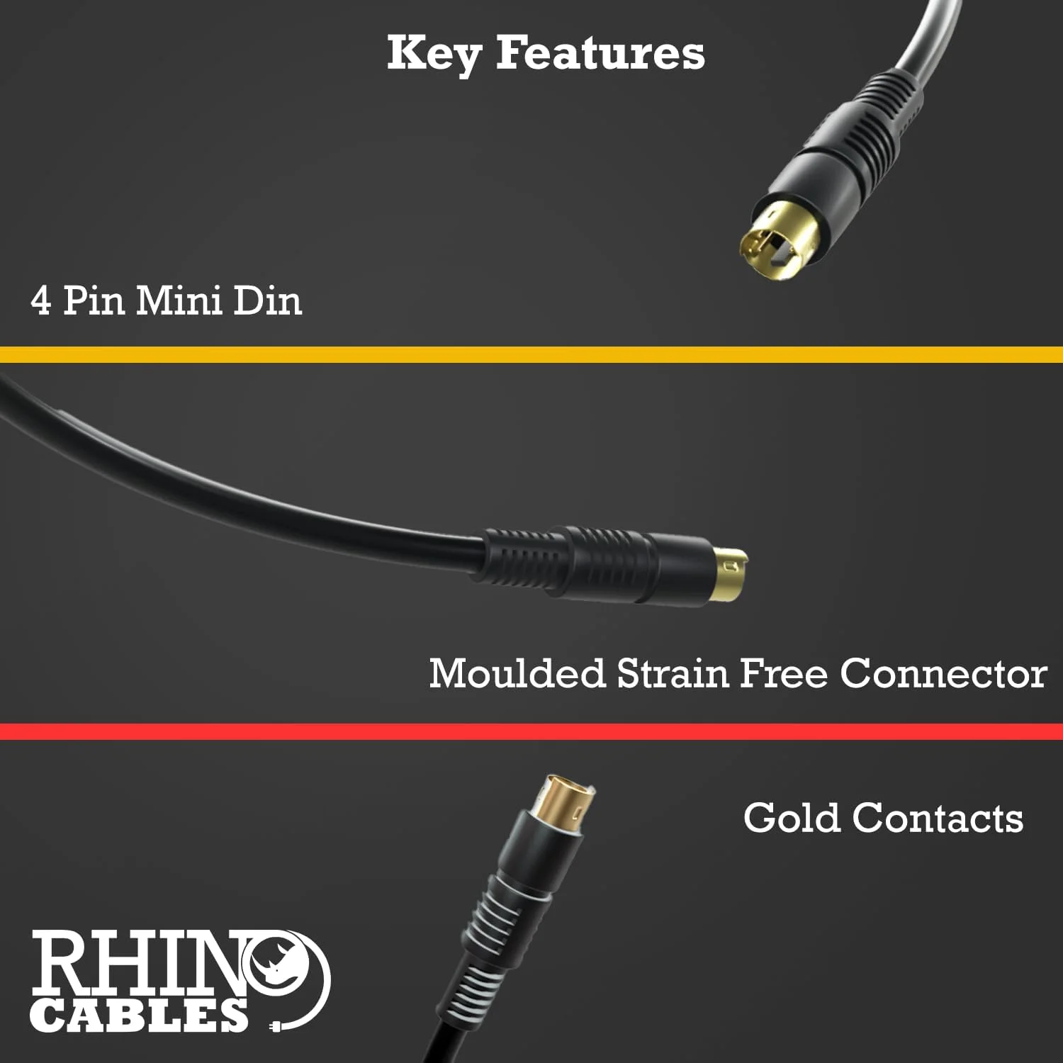 کابل S-Video نر به نر rhinocables، کابل S Video SVHS، کابل Super Video TV، دوربین فیلمبرداری، گرافیک 4 پین مینی Din با روکش طلا (7.5 متر)