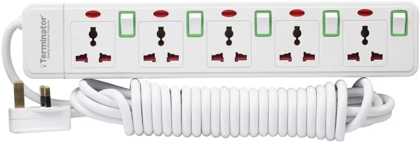 پریز برق چندراهی ترمیناتور با کابل 3 متری، دوشاخه فیوزدار 13 آمپر UK، کلیدهای سبز رنگ مجزا با نشانگر LED، صفحه برق مقاوم در برابر آتش برای خانه، دفتر و لوازم خانگی