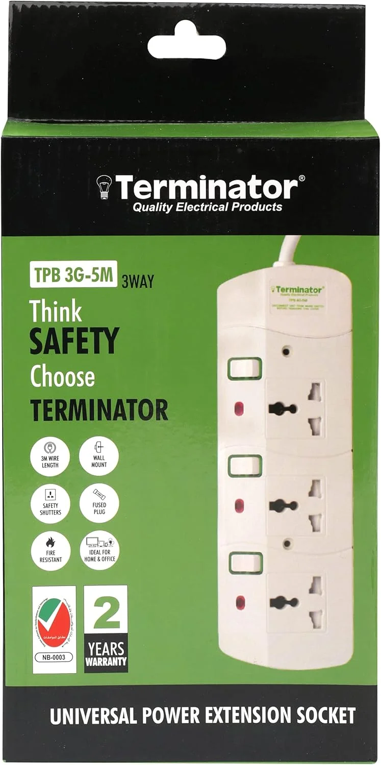 سه راهی برق یونیورسال ترمیناتور، کابل 5 متری، دوشاخه فیوزدار 13 آمپر، مقاوم در برابر آتش، کلیدهای جداگانه با نشانگر نئون، محافظ ایمنی، دارای تاییدیه ESMA مدل TPB 3G-5M