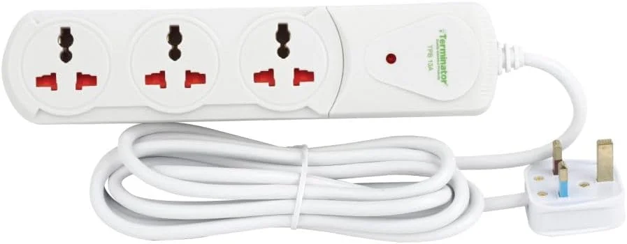 سه راهی برق یونیورسال ترمیناتور TPB 13A با کابل 1.5 متری، نشانگر LED، دارای تاییدیه MoIAT، بدنه ABS ضد حریق، دوشاخه فیوزدار 13 آمپر UK، محافظ برق جمع و جور برای خانه، دفتر و لوازم الکترونیکی