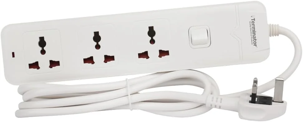 سه راهی برق یونیورسال ترمیناتور TPB 33 با کابل 5 متری ضخیم، دوشاخه فیوزدار 13 آمپر، کلید اصلی، نشانگر LED و بدنه ABS ضد حریق - محافظ برق چند منظوره برای خانه، دفتر و مسافرت