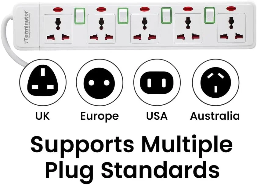پریز برق چندراهی ترمیناتور با کابل 3 متری، دوشاخه فیوزدار 13 آمپر UK، کلیدهای سبز رنگ مجزا با نشانگر LED، صفحه برق مقاوم در برابر آتش برای خانه، دفتر و لوازم خانگی