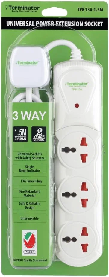 سه راهی برق یونیورسال ترمیناتور TPB 13A با کابل 1.5 متری، نشانگر LED، دارای تاییدیه MoIAT، بدنه ABS ضد حریق، دوشاخه فیوزدار 13 آمپر UK، محافظ برق جمع و جور برای خانه، دفتر و لوازم الکترونیکی