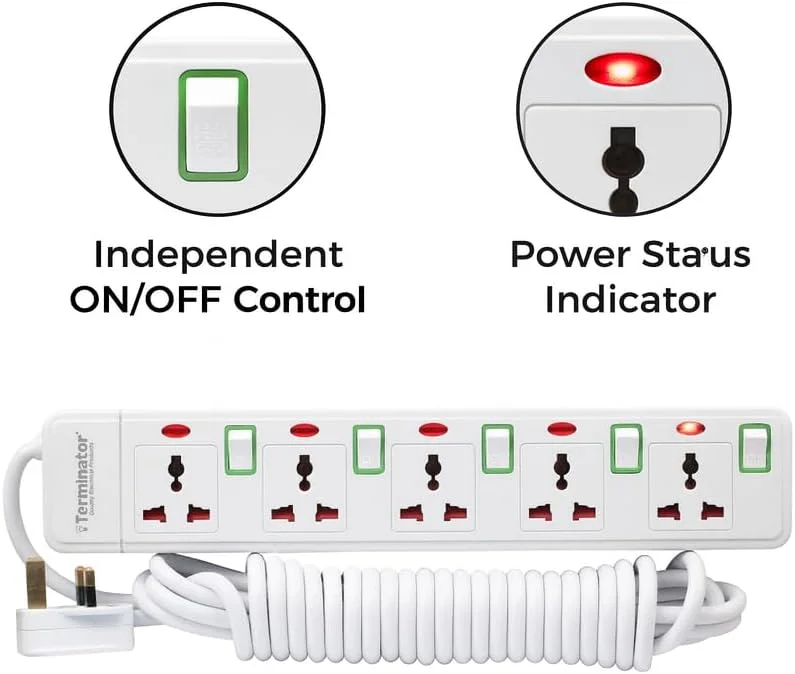 پریز برق چندراهی ترمیناتور با کابل 3 متری، دوشاخه فیوزدار 13 آمپر UK، کلیدهای سبز رنگ مجزا با نشانگر LED، صفحه برق مقاوم در برابر آتش برای خانه، دفتر و لوازم خانگی