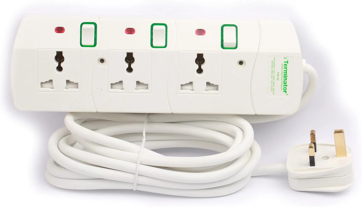 سه راهی برق یونیورسال ترمیناتور، کابل 5 متری، دوشاخه فیوزدار 13 آمپر، مقاوم در برابر آتش، کلیدهای جداگانه با نشانگر نئون، محافظ ایمنی، دارای تاییدیه ESMA مدل TPB 3G-5M